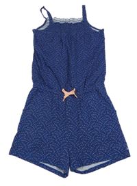 Tmavomodro-bielo-ružový vzorovaný kraťasový overal Okaidi