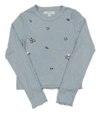 Světlemodré žebrované crop triko s flitry Zara