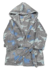 Šedý melírovaný chlupatý župan s dinosaury a kapucí 