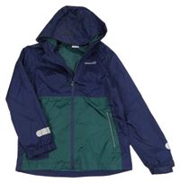 Tmavomodro-zelená šušťáková funkčná bunda s nápisom a kapucňou Crane