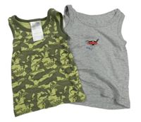 2x nátělník - šedý so psem + kaki s dinosaury 92/98
