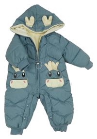 Modrošedá šusťáková zimní kombinéza se soby a kapucí 