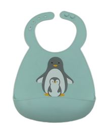 Svetlomodrý gumový podbradník s tučňáčky a vreckom