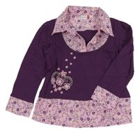 Fialové triko s růžovou kytičkovanou halenkovou vsadkou a výšivkou Berti 