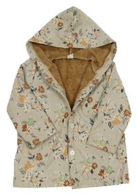 Béžová kvetovaná šušťáková zateplená bunda s kapucňou Shein