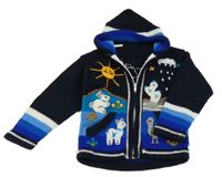 Tmavomodro-modrý propínací svetr s obrázky a kapucí 