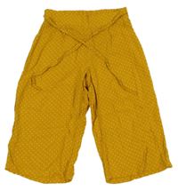 Okrové bodkované culottes nohavice s provázkem v pase De Facto