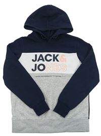 Tmavomodro-sivo-biela mikina s logom a kapucňou Jack&Jones