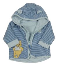 Světlemodro-modrý pruhovaný bavlněný zatpelený kabátek s medvídkem Pú a kapucňou George