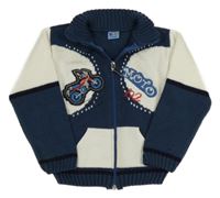 Tmavomodro-bílý propínací svetr s motorkou Oz-ka