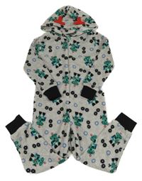 Šedá chlupatá kombinéza s roboty s kapucí 