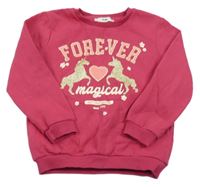 Fuchsiová mikina s jednorožcami a nápismi C&A