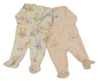 Nové - 2x - Smetanový + růžovo-smetanový pruhovaný fleecový overal se zajíčky Next