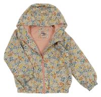Smetanová šusťáková jarní bunda s kytičkami a kapucí Tu
