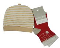 Nové - 2set - Pruhovaná bavlnená čepice + červené ponožky