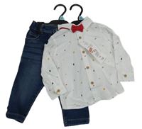 Nové - 2set - Tmavomodré rifle + bílá košile s obrázky F&F