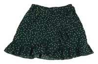 Tmavozelená ľahká sukňa s volánikmi a bodkami