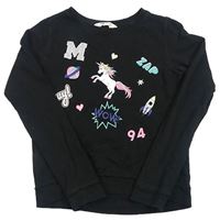 Černá mikina s jednorožcem a obrázky H&M