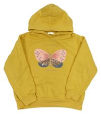Okrová mikina s motýlkem z flitrů a kapucňou H&M