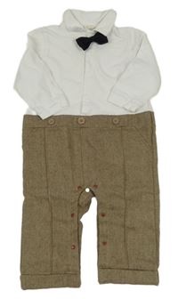 Hnědo/béžovo-biely vzorovaný vlněno/bavlněný slávnostný overal s motýlkom a golierikom zn. ZOEREA