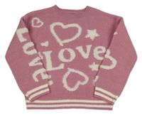 Staroružový oversize sveter s nápismi a srdiečkami a pruhmi St. Bernard