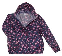 Tmavomodrá šušťáková nepromokavá funkčná bunda s motýlikmi a ukrývací kapucňou gelert