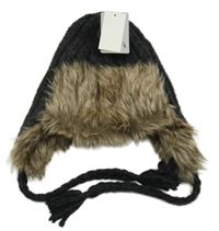 Nové - tmavošedá žebrovaná vlněná beranice s kožešinou 