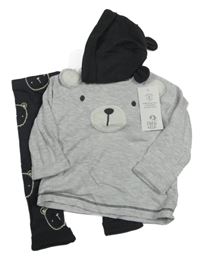 Nové - 3Set - Sivé melírované tričko s medvídkem + tmavosivé rebrované tepláky s medvídky + čapica s uškami F&F