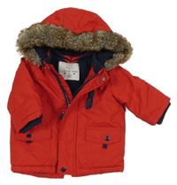 Červená šusťáková zimní parka s kapucí s kožešinou F&F