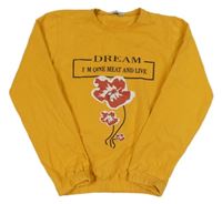 Horčicová slabá mikina s kvietkami a nápismi