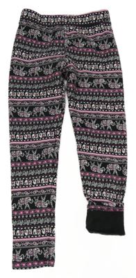 Čierno-ružové vzorované teplákové zateplené legíny so sloníky shosho