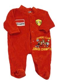 Červený zamatový overal s formulou a medvedíkmi Junior Champion