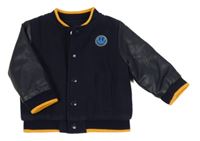 Tmavomodrý flaušovo/koženkový zateplený baseballový bomber se smajlíkem Nutmeg