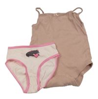 2Set - Světlerůžové kalhotky s kočičkou + světlehnědé košilkové body s mašličkou 