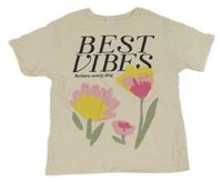 Smetanové tričko s nápisy a kytičkami ZARA