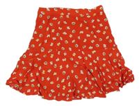 Červená mačkaná sukňa s růžemi a všitými kraťasy