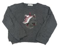 Tmavosivý melírovaný sveter s jednorožcem z překlápěcích flitrů H&M