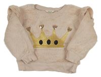 Pudrová chlpatá mikina s korunou s flitrami a volánikmi River Island