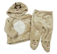 2set - Béžovo-bílá chlupatá propínací mikina s kapucí + polodupky - sob C&A