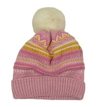 Růžovo-žluto-bílá vzorovaná třpytivá pletená čepice s bambulí