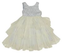 Světlemodro-smetanové slavnostní šaty s krajkovými květy