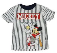 Bielo-tmavomodré pruhované tričko s Mickeym a nápisom Disney