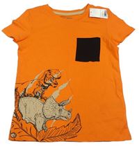 Oranžové tričko s dinosaury a černou kapsou Pep&Co