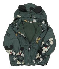 Tmavozelená šusťáková jarní bunda s Mickeym a kapucí H&M