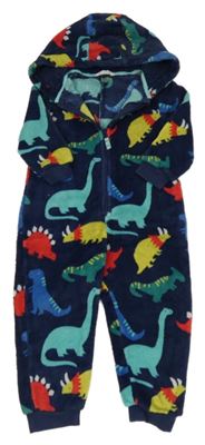 Tmavomodro-barevná chlupatá kombinéza s dinosaury a kapucí M&S