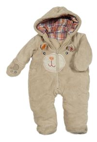 Béžová chlpatá zateplená kombinéza s medvěďom a kapucňou St. Bernard