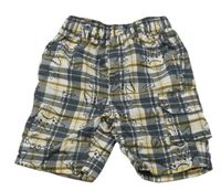 Šedo-bílo-žluté kostkované plážové kraťasy s obrázky Dopodopo