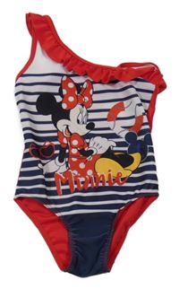 Modro-bielo-červené pruhované jednodielne plavky s Minnie Disney