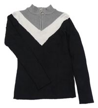 Černo-bílo-šedý žebrovaný lehký svetr se zipem Primark