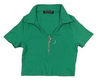 Zelený žebrovaný crop top s límečkem Select
